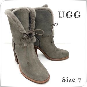 Ugg Jerene Suede Sheepskin Lined Block Heel Boot in Gray S/N 1019692